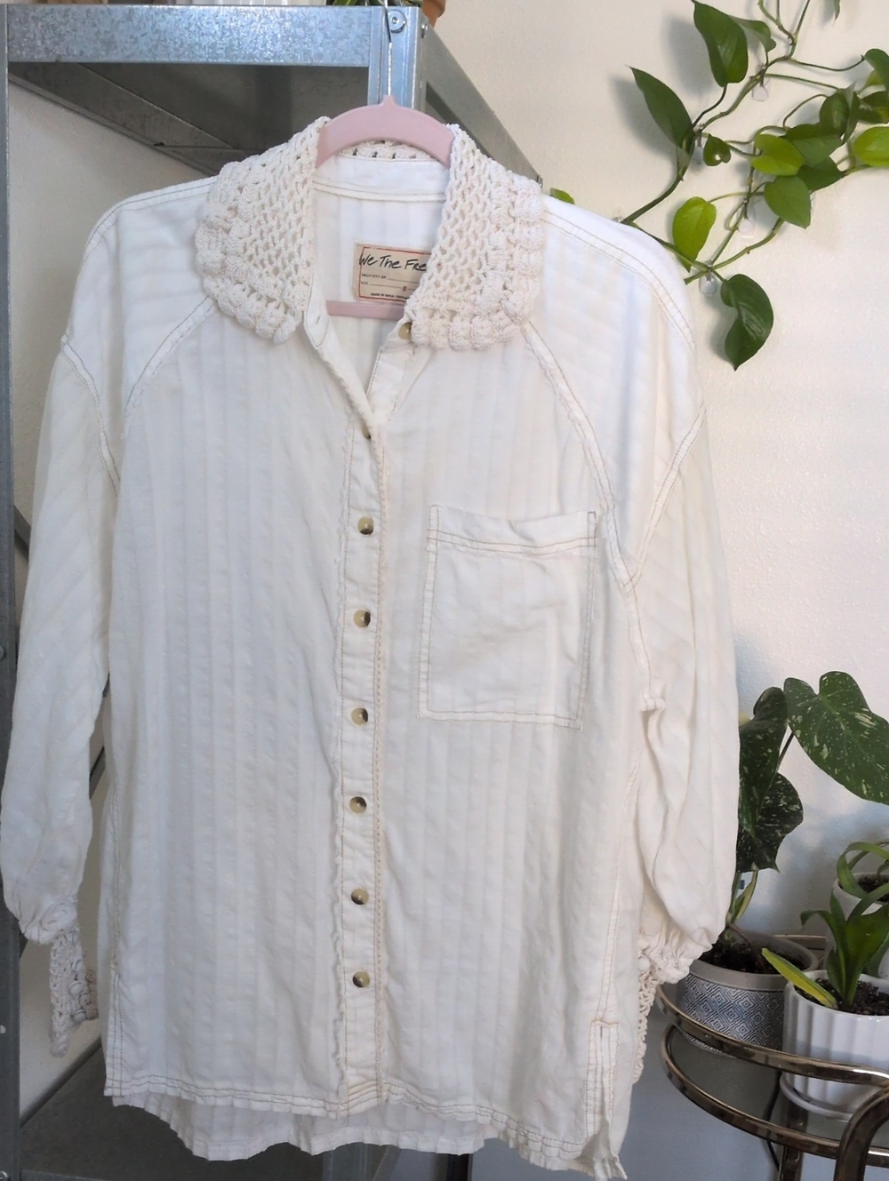 Free People We The Free Crochet  Button Down Shirt | Ivory Boho Oversized Top